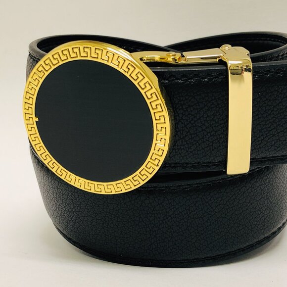 Black Leather Belt Automatic Buckle Slide No Hole Strep Ratchet Gold Meander New - Picture 2 of 3